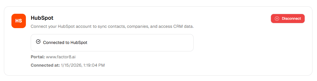 Connected HubSpot status showing portal details
