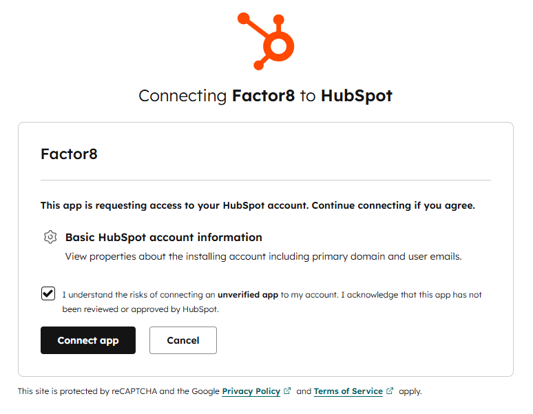 HubSpot OAuth authorization screen showing requested permissions